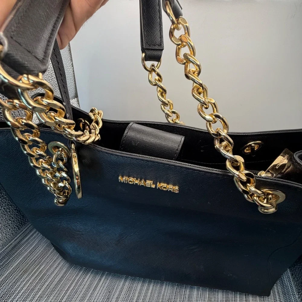 Michael Kors Jet Set Large East West Chain Tote Black Saffiano Leather Handbag